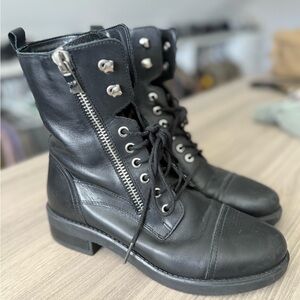 Marc Fisher Black Leather Moto Boots with Silver Accents